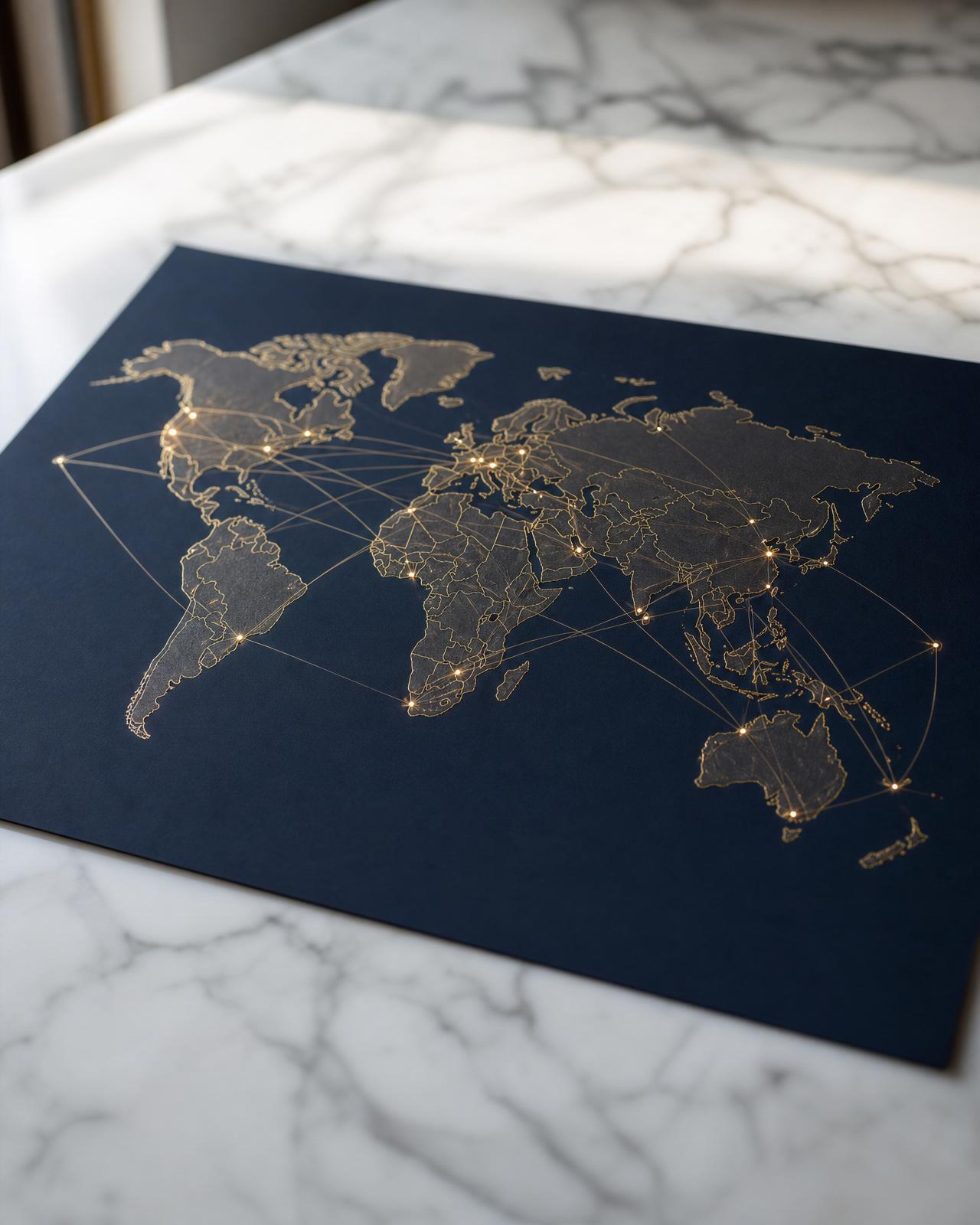 Weltkarte mit goldenen Verbindungen auf navy-blauem Papier